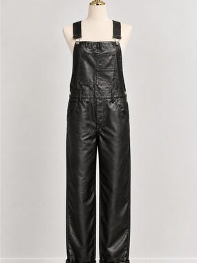 Black Faux Leather Overalls - Women Jeans